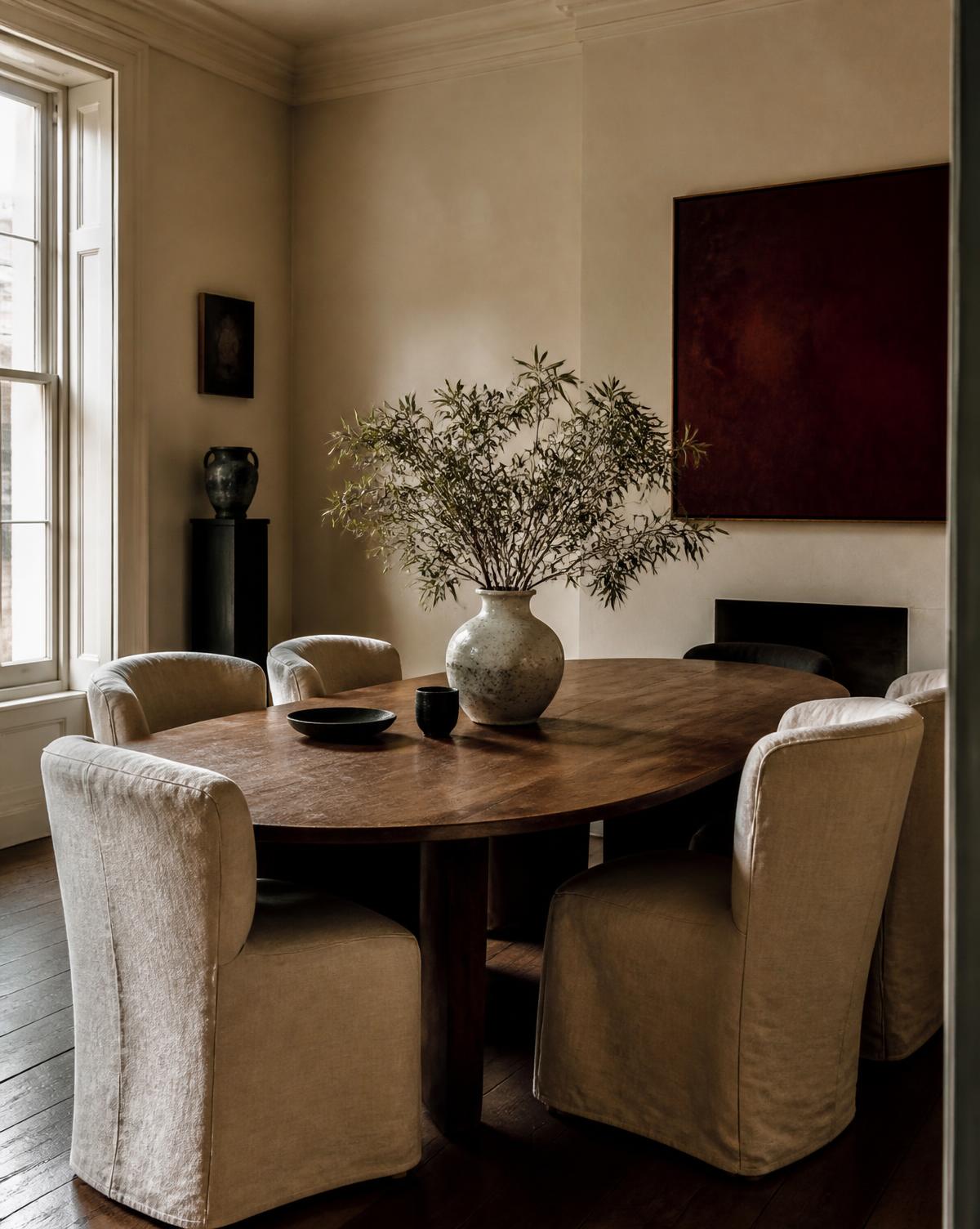 Warm dining room with timber table, linen chairs and olive branches